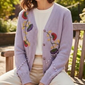 Sundance Embroidered Knit Cardigan Sweater Lilac Floral Blooms Size Large